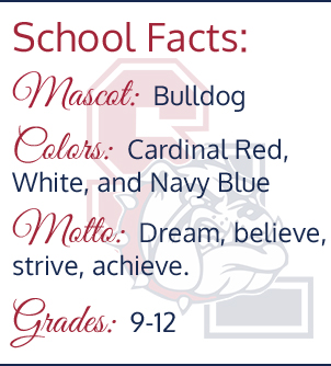 School Facts: Mascot - bulldog, colors - cardinal red, white, and navy blue, Motto - dream, believe, strive, achieve, grades - 9-12